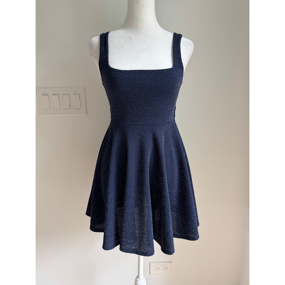 Lucy in the Sky Navy Blue Silver Shimmer Skater Dress Square Neck Tie Back Small